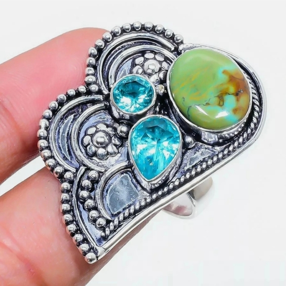 New Chrysocolla & Blue Topaz 925 Silver Ring. - Picture 16 of 16